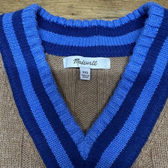 Madewell Tipped V-Neck Sweater Women's XXS Brown Blue Trim Oversized Knit Wool - Picture 2 of 5